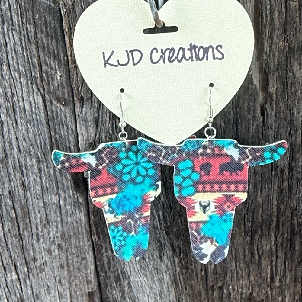 Dangle Faux Leather Longhorn Texas Steer head earring. Western boho style print